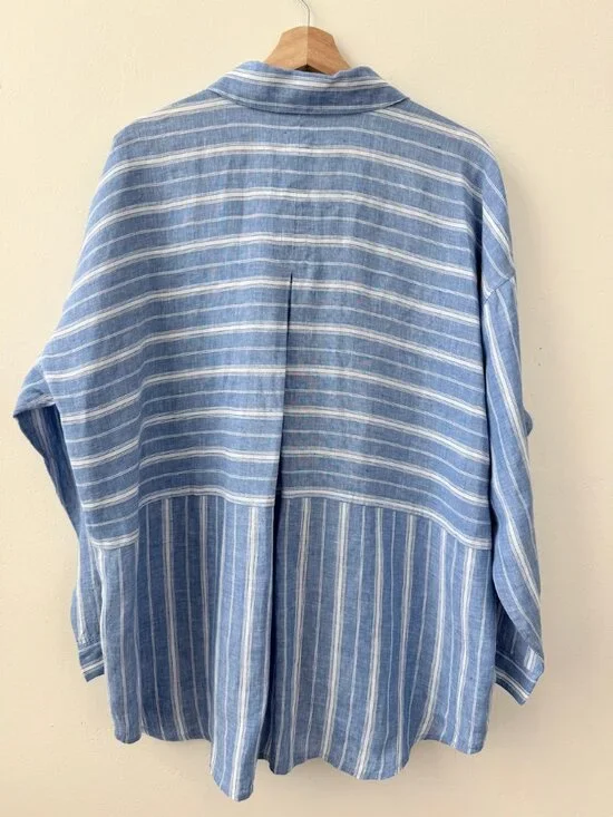 J Jill Linen Striped Button Front Top Blue White Relaxed Office XL - Picture 3 of 10